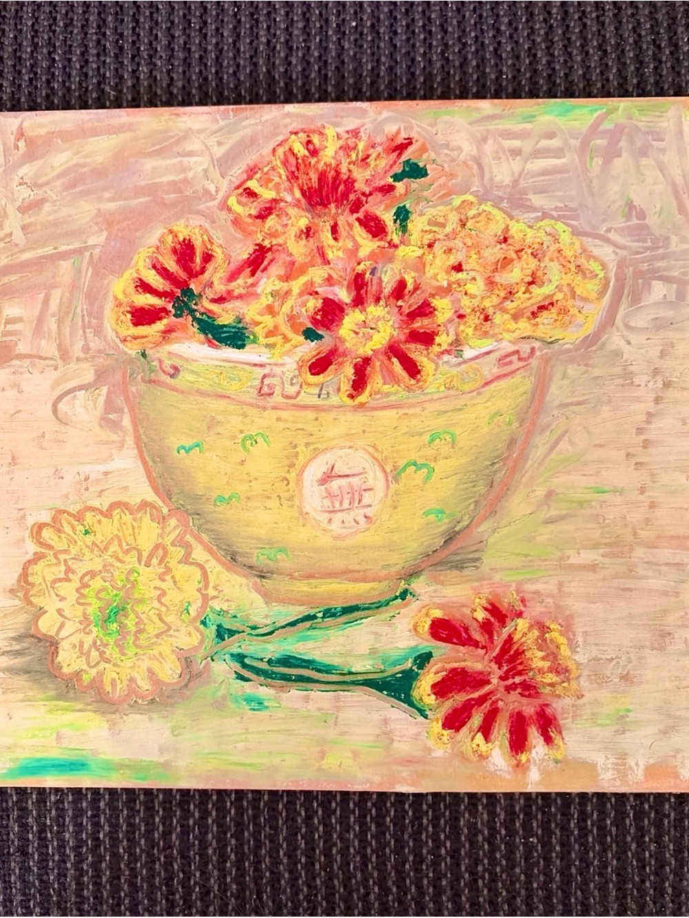 Vintage Post-Impressionist Impasto Painting Chinese Mun Shou Bowl Still Life